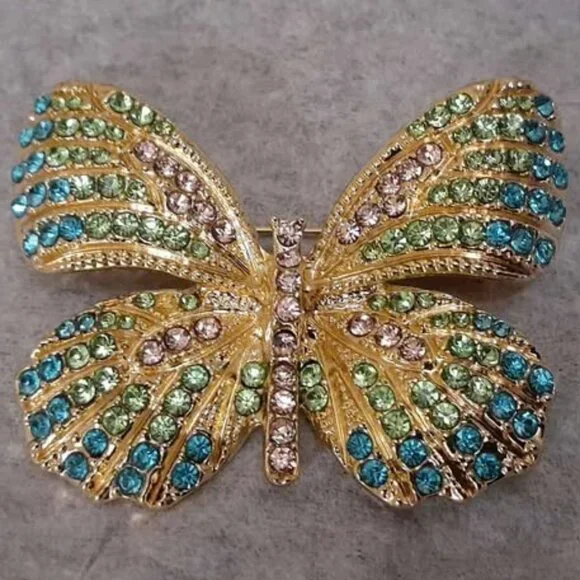 Monet Butterfly Brooch Pin-Aqua Crystals on Gold Tone - Picture 2 of 3